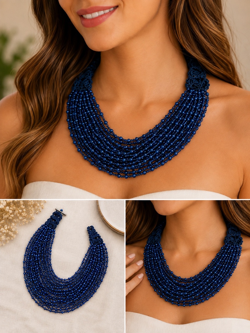 Handcrafted Navy Blue Multi-Strand Beaded Necklace